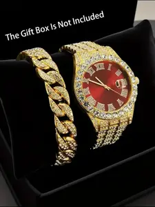 Luxury Roman Face Watch + Full Diamond Cuban Chain, Hip Hop Style, Shiny Rhinestone Details, Rhinestone Decorated Watch, Rhinestone Watches, Perfect Gift for Men