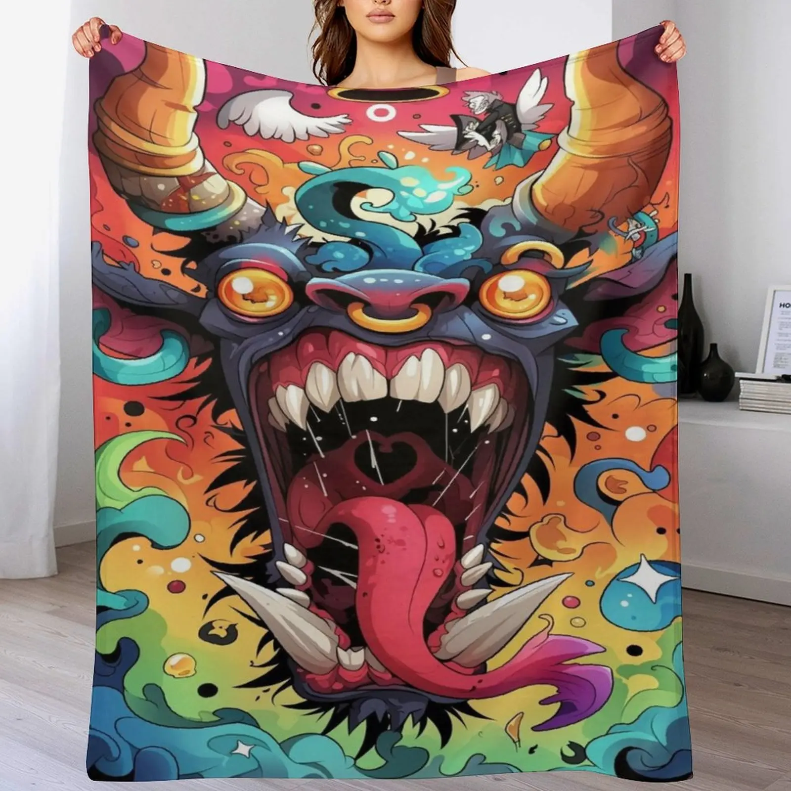 Colorful Graffiti Demon Throw Blanket, Vibrant Pop Art Devil Face, Edgy Streetwear Aesthetic, Ultra Soft Flannel, Alternative Home Decor