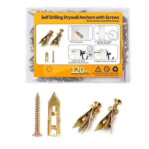 120 count Drywall Self Drilling Anchors with Screws Kit,60 Sheetrock Anchors (0.47X1.57inch) and 60 Zinc Plated Screws, Easy Application No Drill or Holes in Wall.