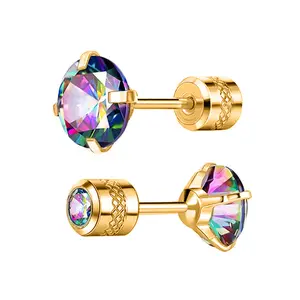 Titanium Earrings Push-in Threadless Flat Back Stud Earrings for Women Men, Cartilage Earring Hypoallergenic Cubic Zirconia Earrings Studs for Helix Tragus Piercing Jewelry