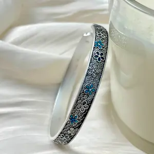 Vintage S925 Sterling Silver Women's Floral Bracelet — Retro Engraved Open Cuff (Accented with Blue Enamel), Adjustable Wrist Jewelry
