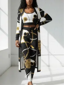 Women's Chain Printed Jersey Vest Set, Tie-Front Design, Long Pants & Jacket, Casual Fall/winter, Street Fashion Style