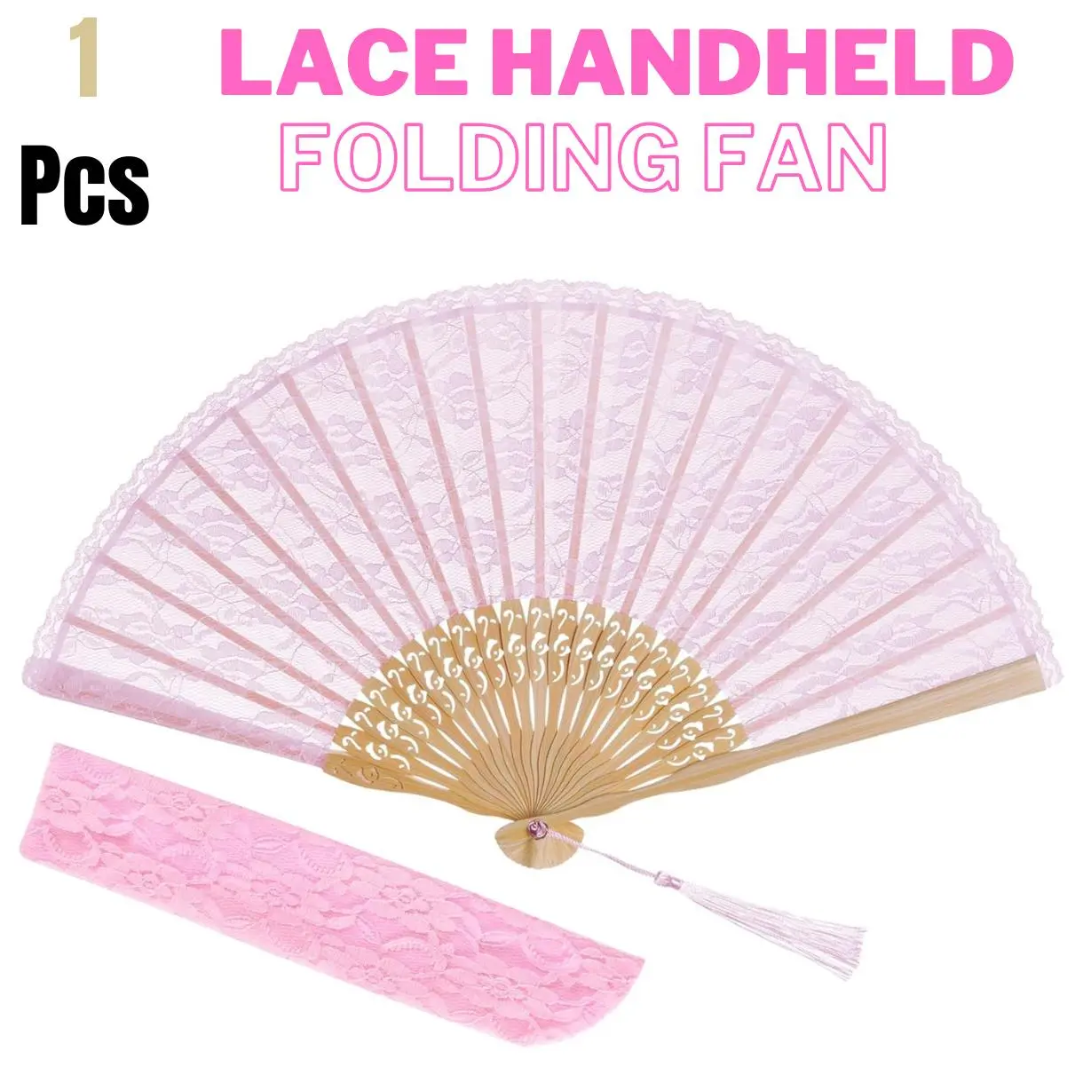 Lace Handheld Chinese Folding Fan Bamboo Silk Folding Fan for Women Wedding Decoration Dancing Party,Pink