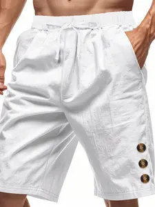 New Men's Linen Waistband Shorts with Button Decoration, Casual Loose-Fitting Gym Shorts, Plain Pattern, Comfortable and Stylish