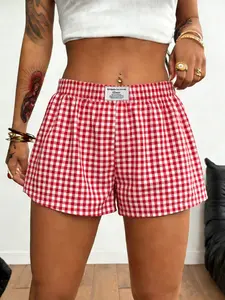 Women's Summer Outdoor Casual Shorts, All over Plaid Print Elastic Waist, Loose-Fitting Short Pants for Daily Wear, Elastic Waistband Shorts