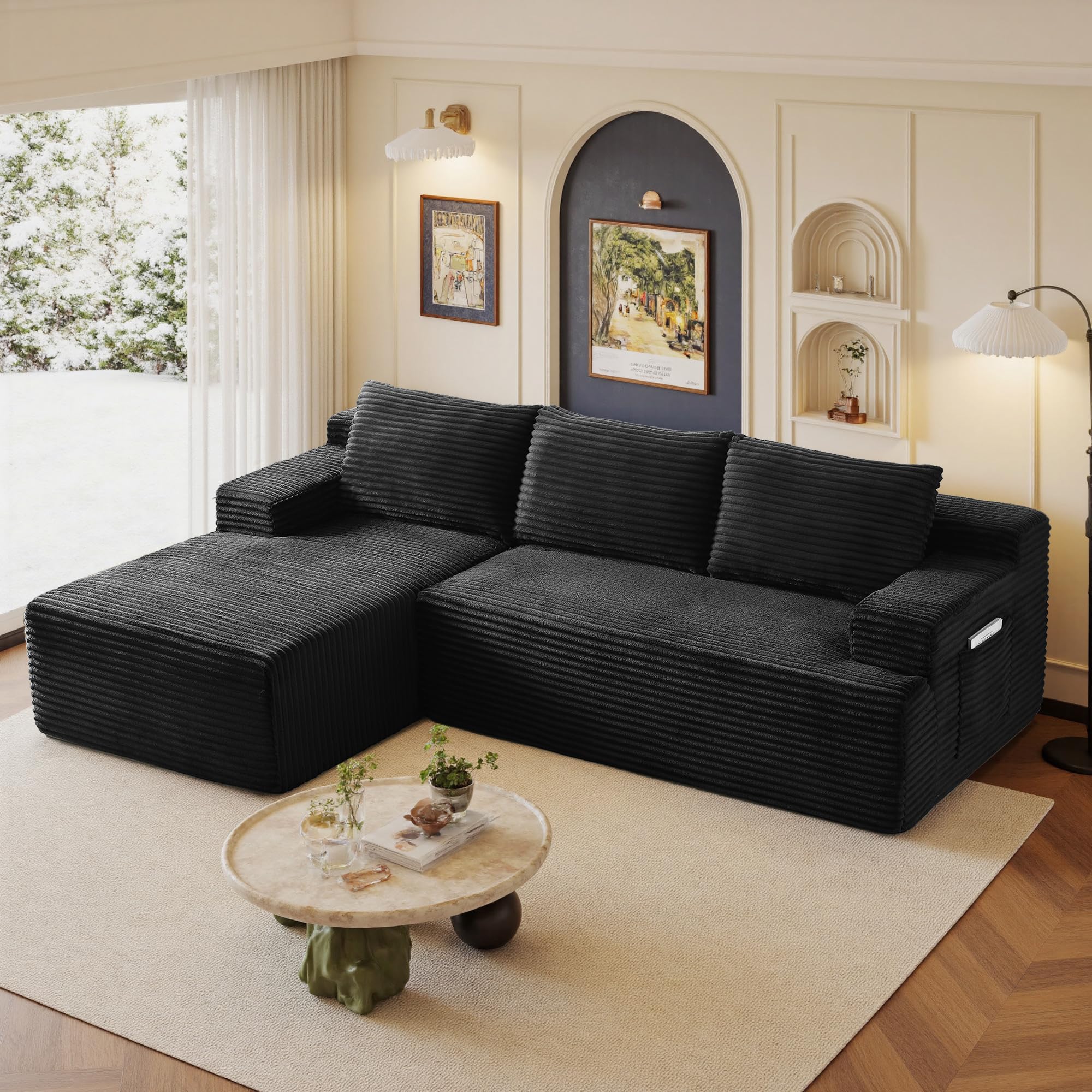 96-Inch L-Shaped Modular Corduroy Sofa with Chaise, Moderate Deep Seat, Vacuum-Packed, No-Assembly Indoor Furniture for Apartments & Condos
