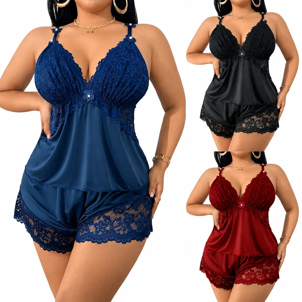 Women Plus Size Lingerie Pajama Set, Deep V Floral Lace Spaghetti Strap Cami Top with Lace Trim Shorts, Silky Satin 2 Piece Nightwear Loungewear Sleep Outfit