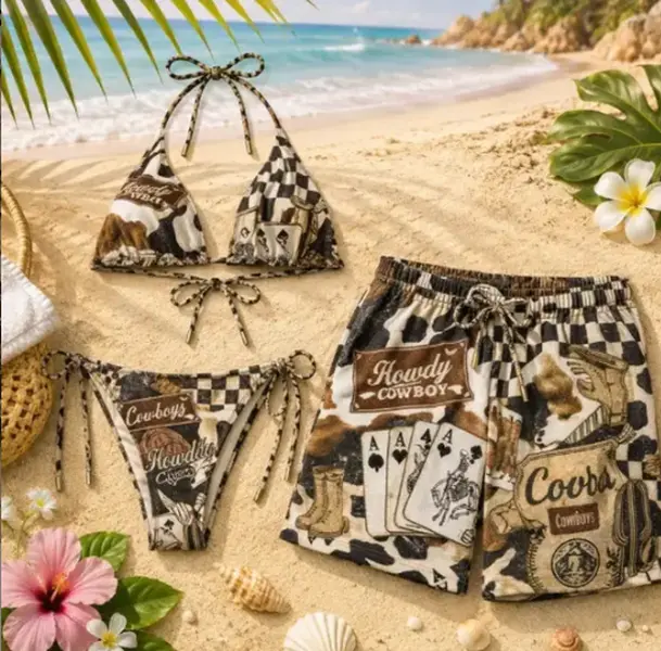 Women’s Western Cowboy Bikini Set - Aesthetic Triangle Bikini & Matching Swim Trunks, Trendy Summer Beach Party Outfit, Lightweight Comfortable Vacation Wear