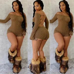 Women’s Two-Piece Set, 2025 Spring Collection: Above-Knee Off-Shoulder Long-Sleeve Skinny Jumpsuit with Fur Trim, Available in Light Brown and Army Green, Basic Minimalist Plaid Overall Style, Short GARMENTARY