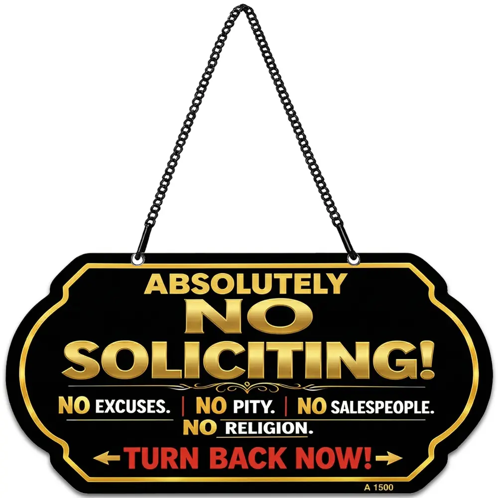 Absolutely No Soliciting Sign, 10 x 5 Inch Aluminum Metal Door Sign with Chain, UV Printed Weatherproof Hanging No Soliciting Sign for Front Door, Wall, Fence or Office