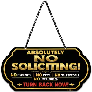 Absolutely No Soliciting Sign, 10 x 5 Inch Aluminum Metal Door Sign with Chain, UV Printed Weatherproof Hanging No Soliciting Sign for Front Door, Wall, Fence or Office