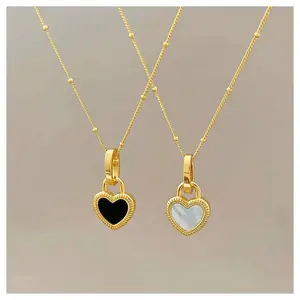 Double Sided Heart Necklace Gold Plated Reversible Black and White Pendant Necklace for Women Trendy Minimalist Jewelry for Everyday Wear Date Night Outfit and Gift Giving
