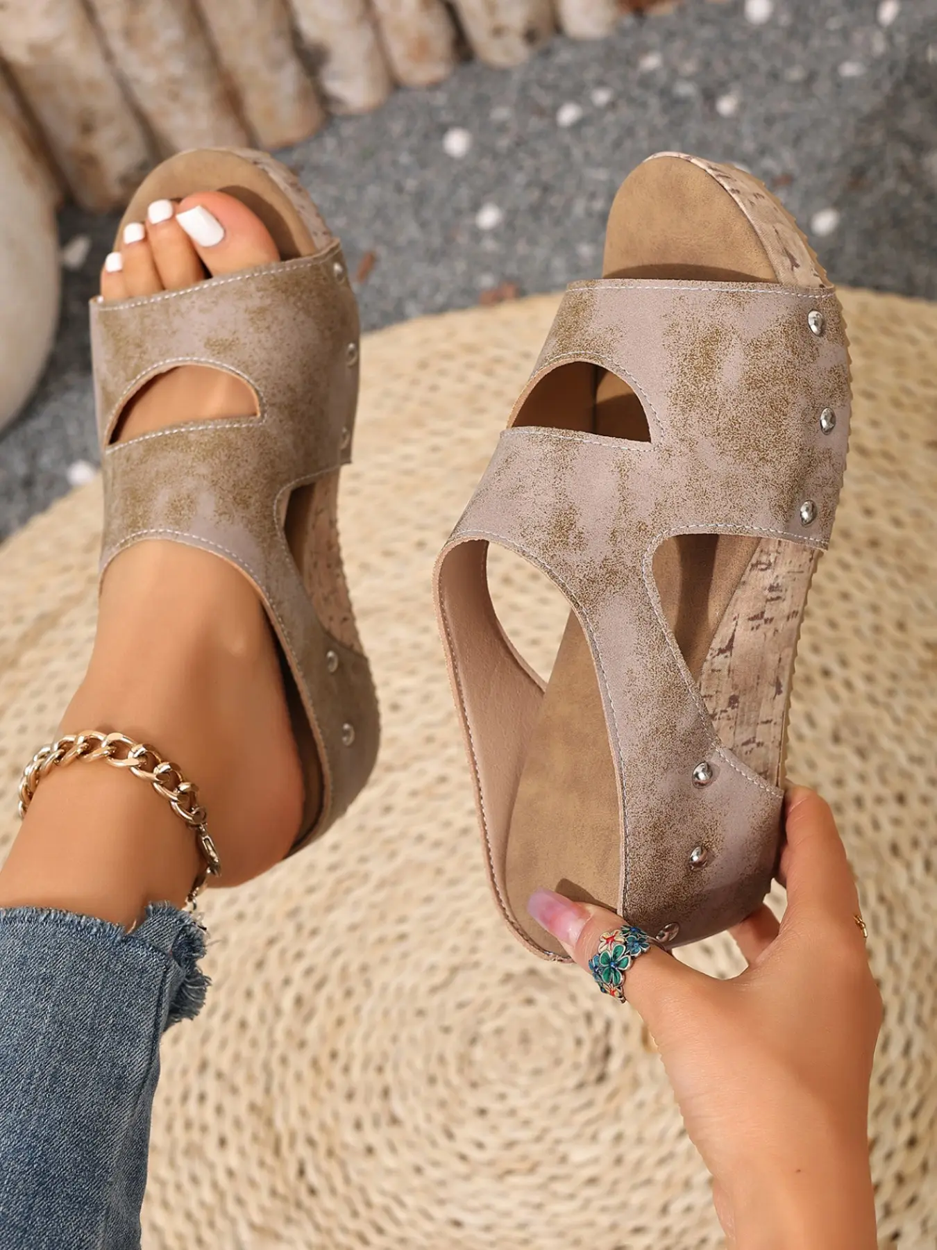 Women's Cork Wedge Sandals, Retro Texture Design, Fashionable Peep Toe, Elegant Style, Spring, Summer & Fall, Textile Upper, Rubber Sole, Fashionable Wedge Shoes
