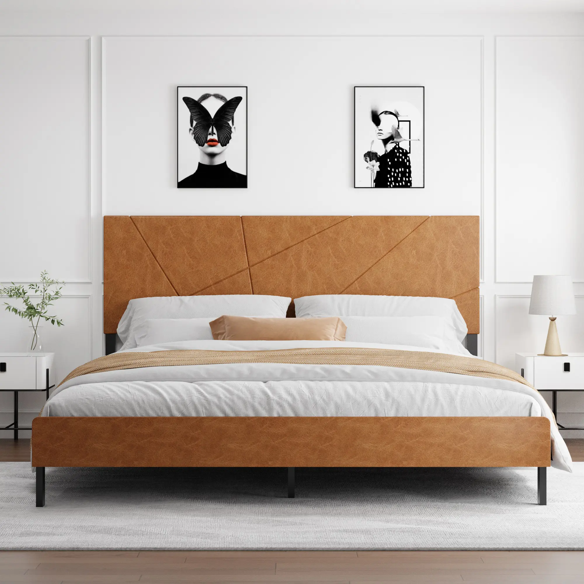 Industrial Upholstered Platform Bedframe - PU Leather Construction, Geometric Tufted Headboard, Silent Design, Assembly Required