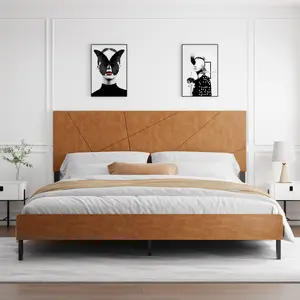 Faux Leather Platform Bed Frame with Geometric Tufted Headboard
