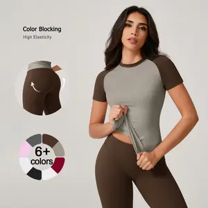 TimeOFF Women's Raglan Sleeve Color - Block Fitted Top & High - Waist Leggings Set for Stretchy Breathable Athletic Outfit for Yoga, Gym Workouts, Pilates and Casual Wear Sports Slim-Fitting sporty