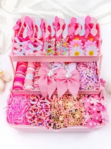 200/497pcs - Fashionable Pink Girls' Hair Accessories Set, including bows, floral hair ties, butterfly and star hair clips, suitable for daily wear, parties, and outings, stylish design to match outfits, a great gift