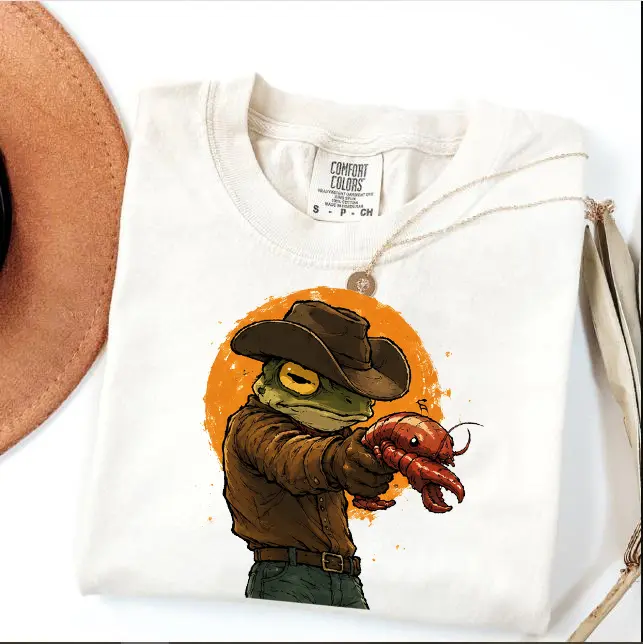 Funny Cowboy Frog Holding Crawfish Comfort Colors Shirt, Western Frog Tee, Cajun Louisiana Graphic T-Shirt, Southern Humor Gift