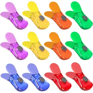 Bag clips, 12-pack chip clips, magnetic bag clips for food snacks and bread storage, heavy-duty plastic, assorted colors, refrigerator magnets, airtight package clips, clothes pins for home kitchen