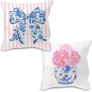 Coquette Chinoiserie Bow Pillow Covers 18x18 - Blue and White Floral Throw Pillow Cases, Pink Bow Room Decor, Girly Room Decor Aestheticm, Grand Millenial Pillow Covers Set of 2