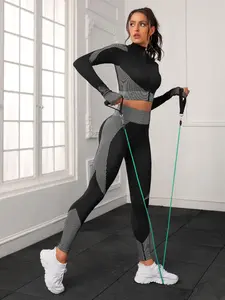 Women's Patchwork Print Tracksuit Set, Sporty Zip Up Crop Top & High Waist Leggings Set for Gym Workout Running, Ladies Spring & Fall Outfits