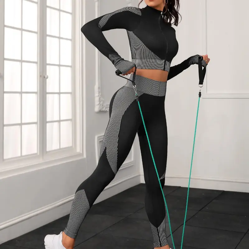 Women's Patchwork Print Tracksuit Set, Sporty Zip Up Crop Top & High Waist Leggings Set for Gym Workout Running, Ladies Spring & Fall Outfits, Yoga Active Wear