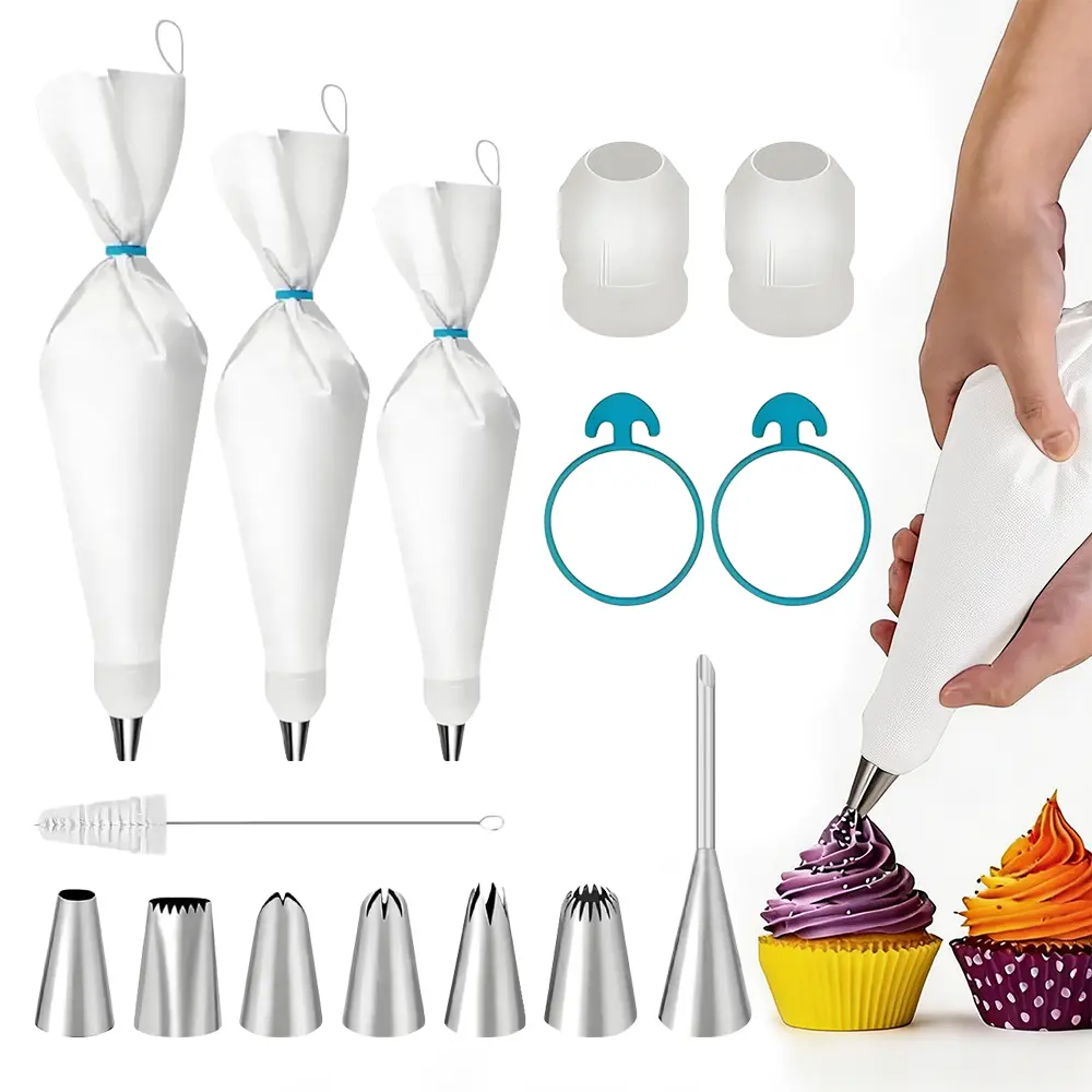 15 Packs Reusable Piping Bags and Tips Set, Including 3 14/16/18 Inches Pastry Bags, 7 Piping Tips, 2 Couplers, 2 Silicone Rings & Cleaning Brush,for Cake Decorating, Cupcakes, Cookies, Home Bakers, Chefs