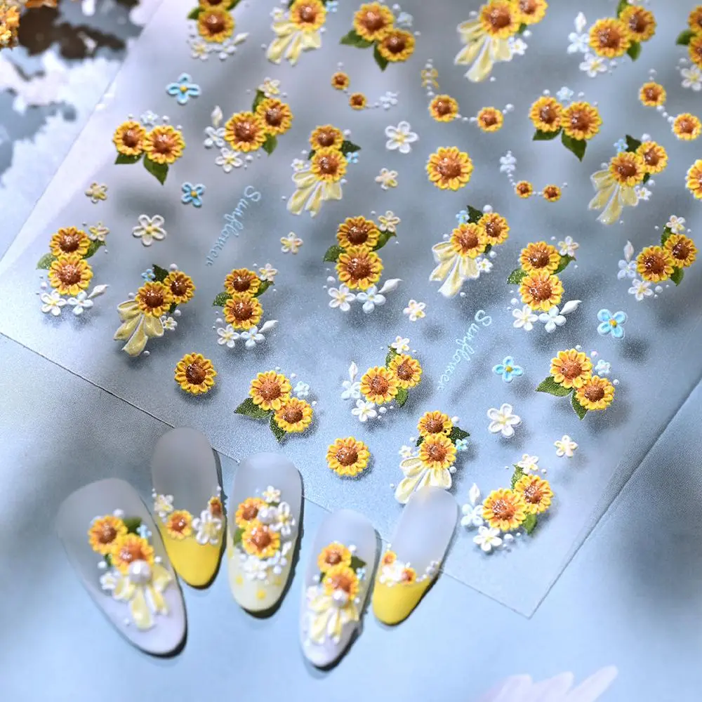 1 Sheet 5D Embossed Sunflower Nails Sticker Cute Spring Summer Floral Nail Decals Self-Adhesive Sunflower Nail Supplies DIY SW2$