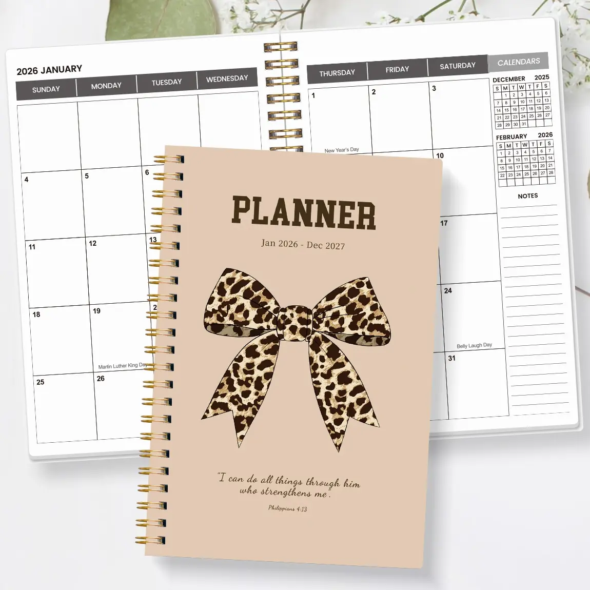 A5 Spiral Bound Monthly Academic Planner 2026-2027, Cute Planner, Leopard Print Bow Cover, Christian Bible Journal, Dual Year Calendar Notebook