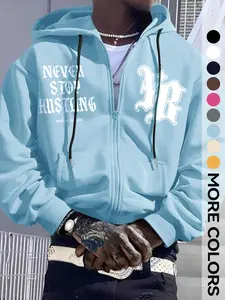 Men's Oversized Full Zip Hoodie, Streetwear "HUSTLE" Motivational Graphic, Black Zip Up Gothic Letter Sweatshirt for Casual Wear
