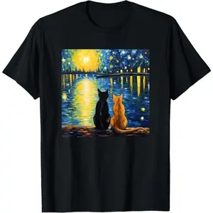 100% Cotton Two Cats Starry Night lover Cat art painting kitten Van Gogh T-Shirt Menswear Top