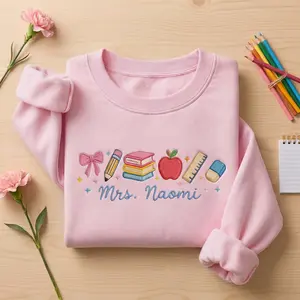 (Leave a note) Embroidered Teacher Sweatshirt, Personalized Name, School Supplies Theme