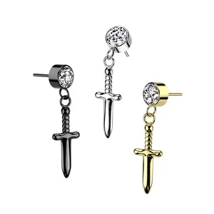 20G/18G/16G Dangle Dagger Flat Back Earring • Push Pin Labret • Threadless Flat Back Stud • Tragus Piercing • Helix Stud • Cartilage Stud • Gold • Silver • Knife • Sword