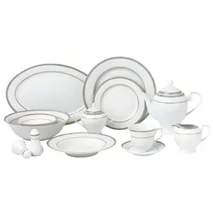 Lorenzo Import Ashley-57 57 Piece Border Porcelain Dinnerware Set, Silver - Service for 8 Ashley