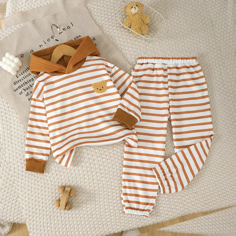 Ready Stock Boys' Cute Bear Embroidered Striped Hoodie and Pants Set 2Pcs Adorable Casual Outfit for 4-7Y Kids Brown 12506141