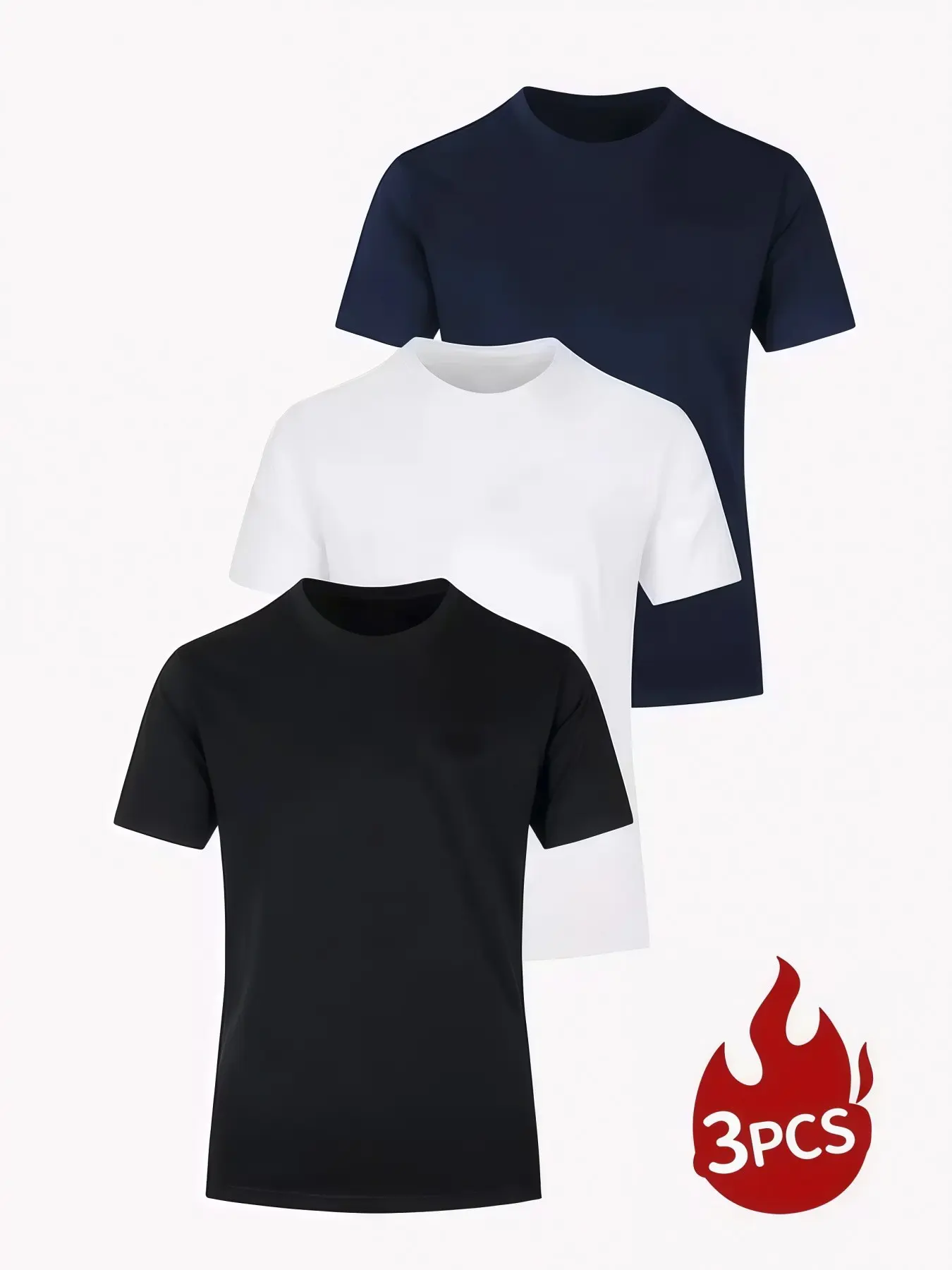Men's 3-Pack Fox Basic Classic T-Shirt, 100% Polyester, Breathable Round Neck, Short Sleeve, Casual Solid Color, //dark Blue