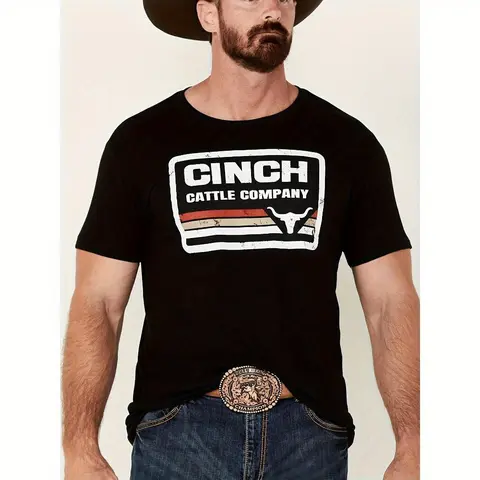 100% Cotton Cinch Cattle Company Men'S Retro 100% Cotton T-Shirt - Western Denim Short Sleeve Crew Neck With Bull And Stripe Design, Machine Washable Summer Casual Shirt For Outdoor Activities, Casual Wear Menswear Top  Golf Gift T-Shirt For Men And Women