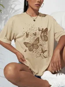 Women's Casual Loose-Fit Round Neck Butterfly Print T-Shirt, Soft Breathable Fabric, Perfect for Daily Wear, Stylish Comfortable Top, Summer Tshirt