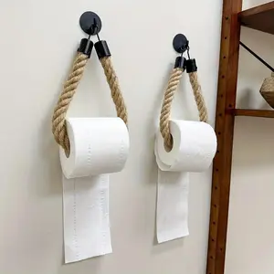 Retro Hemp Rope Toilet Paper Holder - Punchless Wall Mounted Bathroom Tissue Rack Vintage Storage Decor Home Accessory Bathroom Organizer