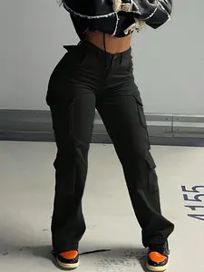 Women's Solid Color Button Fly Cargo Jeans, Casual Comfy Flap Pocket & Slant Pocket Design Denim Pants for Daily Wear, Ladies Bottoms for Summer