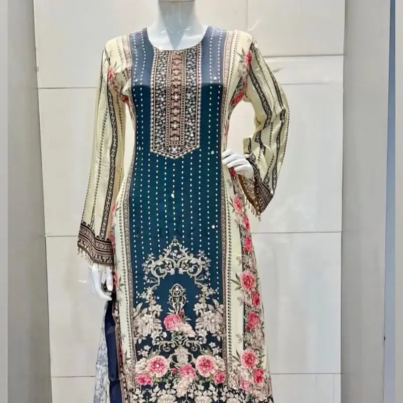 3-Piece Elegant Traditional Pakistani Anarkali Suit Set - Crepe Fabric, Intricate Neckline Embroidery, Digital-Printed Design, Embroidered Neck Patches, Dupatta