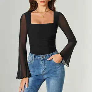Avidlove Bodysuits for Women Long Bell Sleeve Mesh Square Neck Body Suits Going Out Ruched Bodysuit Tops Concert Outfits