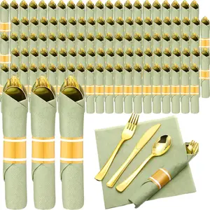 100 Pack Pre Rolled Silverware Set Disposable Wrapped Plastic Cutlery Set with Napkin Disposable Utensils Includes Forks  Spoons Napkins Wrapped for Party Dinners Wedding(, Green)