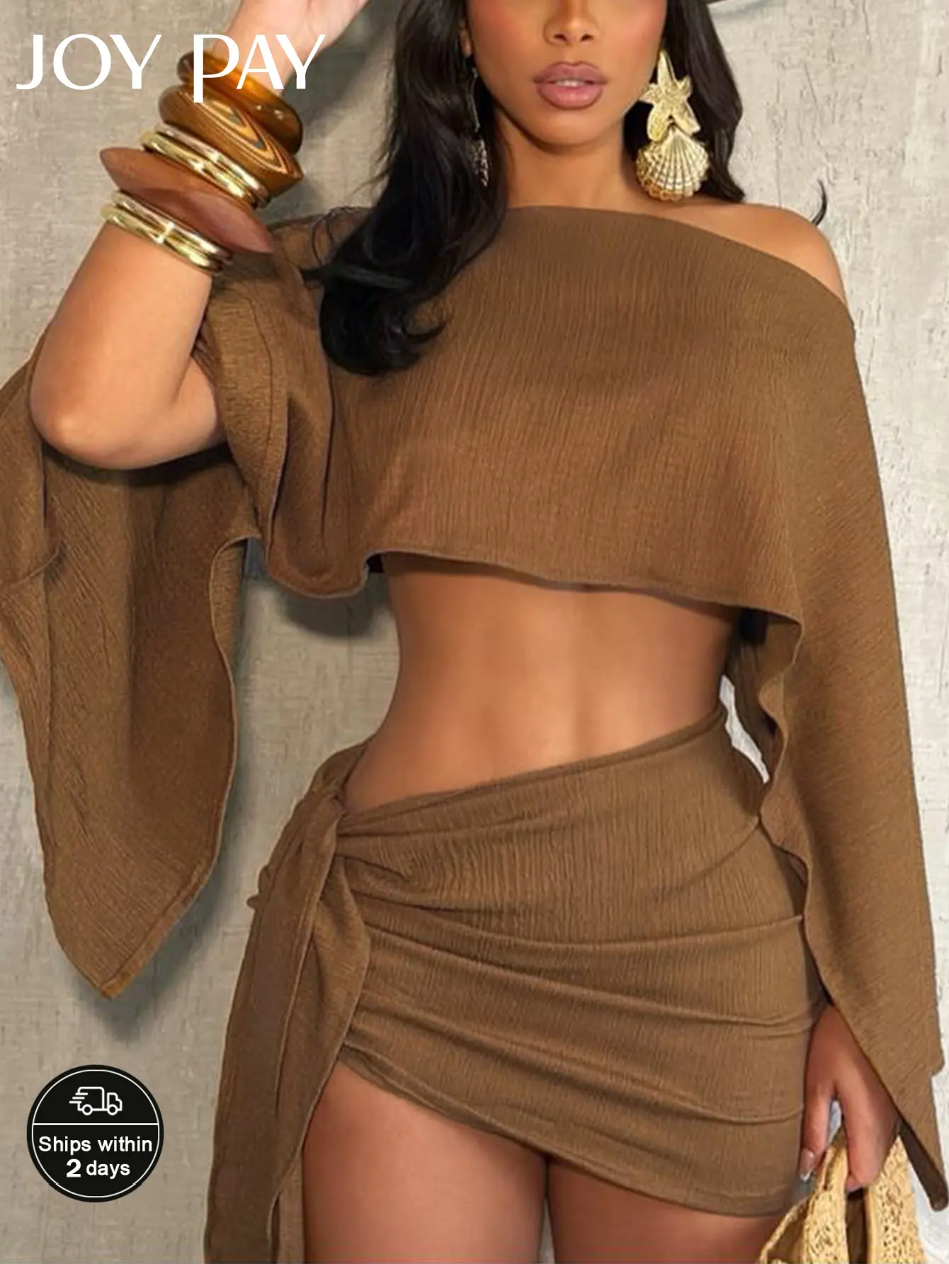 JOY PAY Women's Summer Holiday Off-Shoulder Asymmetrical Knit Top and Stylish Ruched Fitted Bodycon Skirt Set, Breathable Beachwear for Casual Vacations