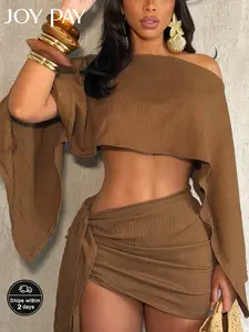 JOY PAY Women's Summer Holiday Off-Shoulder Asymmetrical Knit Top and Stylish Ruched Fitted Bodycon Skirt Set, Breathable Beachwear for Casual Vacations