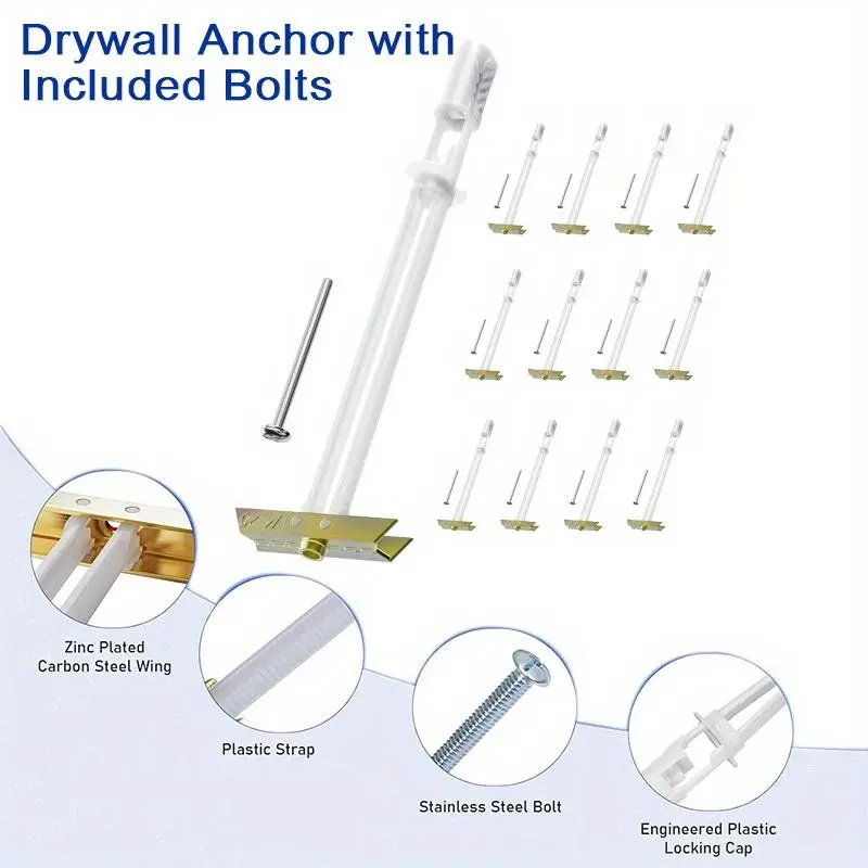 12pcs Heavy-Duty Drywall Toggle Bolts & Screws with Drywall Anchors, 1/4"-20 Thread Right-Hand Fully Threaded 1/4in x2-1/2in Bolts, Galvanized Class 12.9 Stainless Steel Round Head with Washer, 270lbs Support for Concrete & Apartments