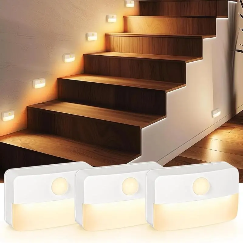 Smart Motion-Sensor Night Light (3pcs), Battery Powered LED Night Light, Automatic Switch Night Light for Bedroom, Stairs, Cabinet, Kitchen Decor, Ambient Night Lights, Decorative Night Light, Home Decor Light, Adjustable LEDs, Motion Light Indoor