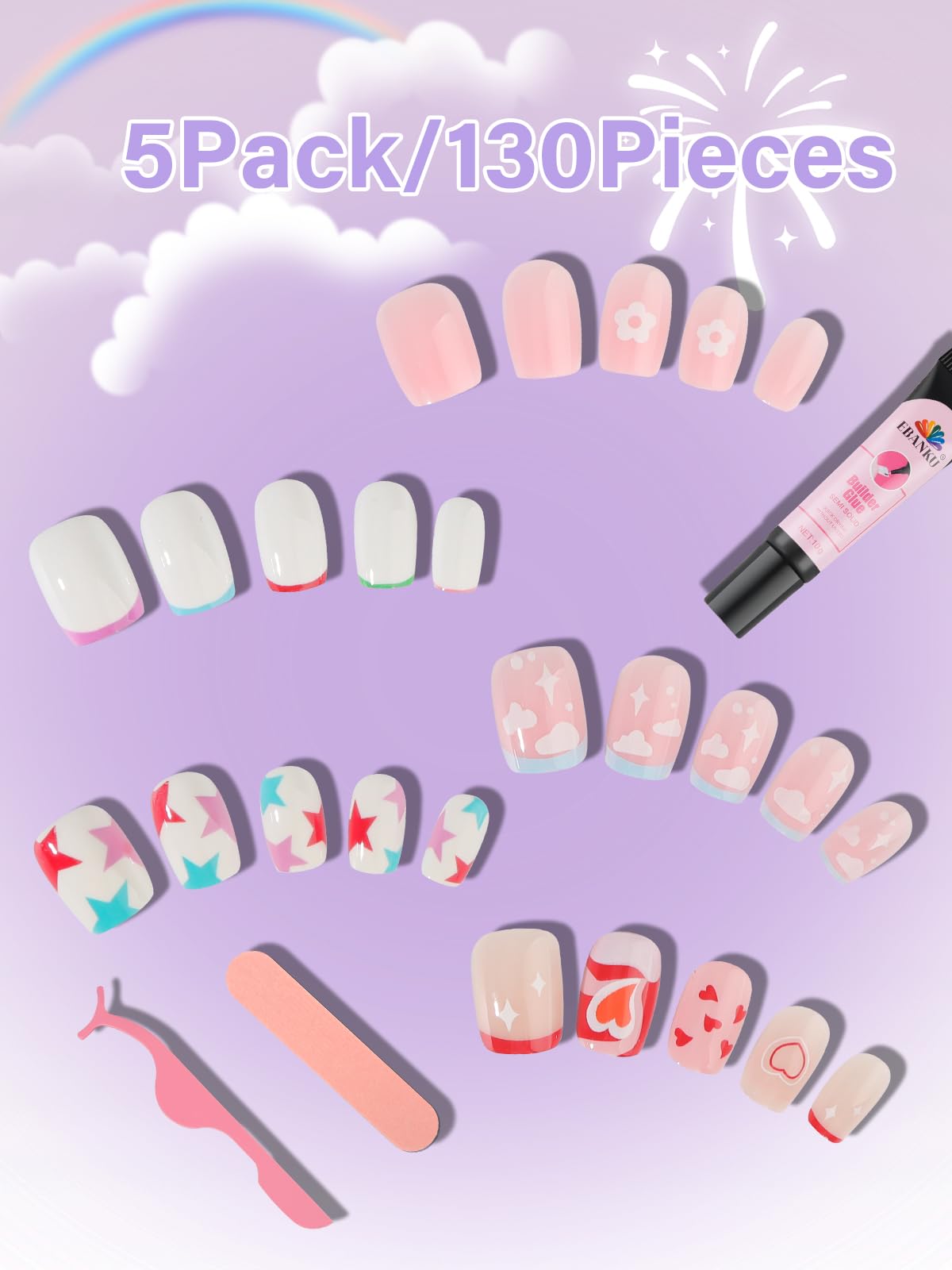 130 Pieces Press on Nails for Kids, EBANKU 5 Pack Kid Fake Nail Kit Old Cute Clouds Flower Heart Star Press on Nails for Girls 8-12 Years with Jelly Nail Adhesives & Nail Builder Glue