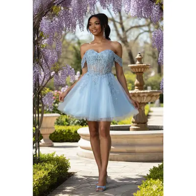 Lace Light Blue Dress Stacees Sky Blue Off-The-Shoulder Homecoming Dress With Floral Embroidery Lace Light Blue Dress Stacees Sky Blue Off-The-Shoulder Homecoming Dress With Floral Embroidery