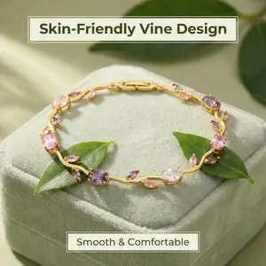 Skin-Friendly Vine Design Bracelet, Elegant Pink Crystal Leaf Chain Bracelet for Women, Best Friend Anniversary Jewelry Gift, Minimalist Nature Style Accessory Suitable for 7.28 inches+1.18 inchessummerwins